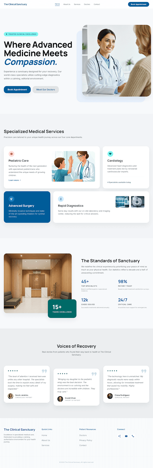 Clinical Sanctuary V2 - Healthcare website theme preview showing 5 pages including Home