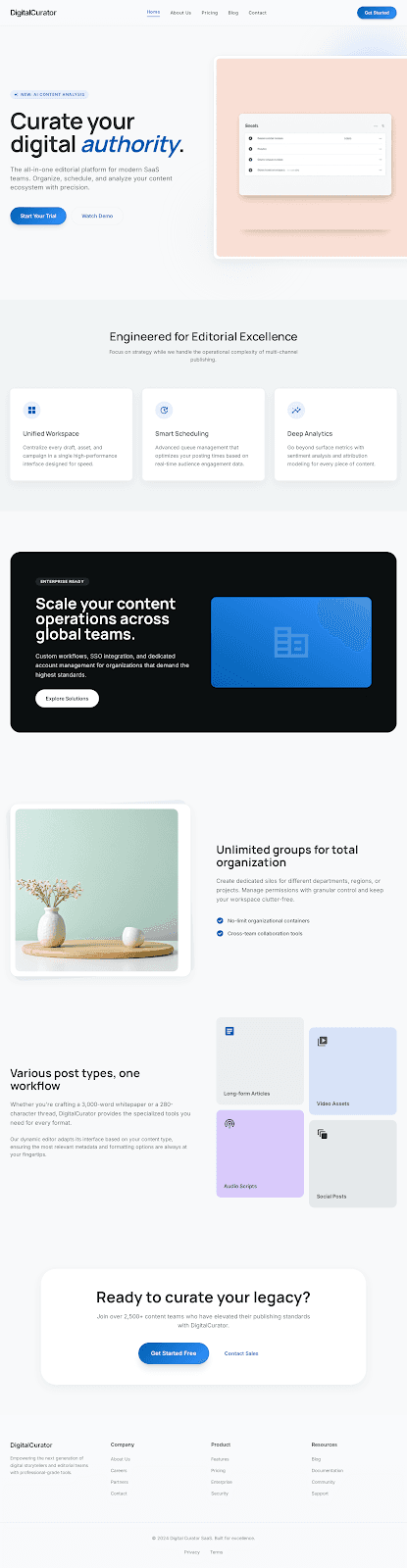 DigitalCurator - SaaS website theme preview showing 5 pages including Homepage