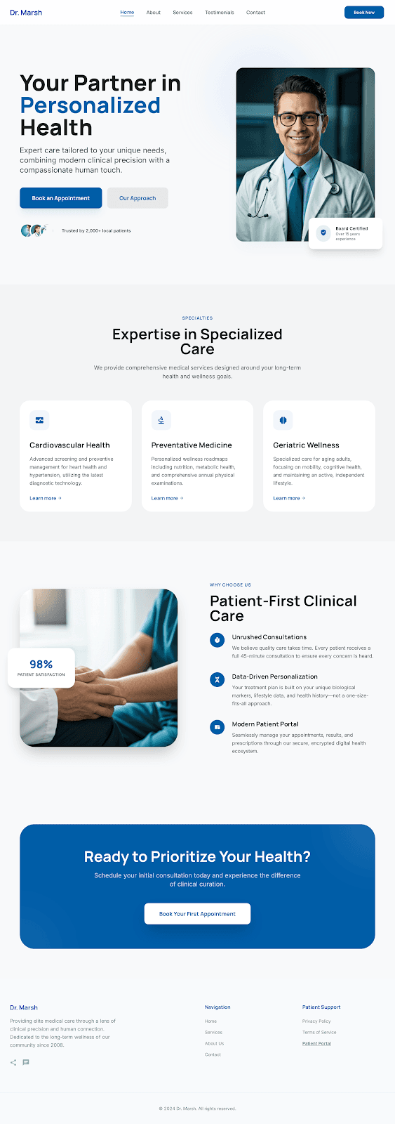 Dr. Marsh - Healthcare website theme preview showing 5 pages including Home