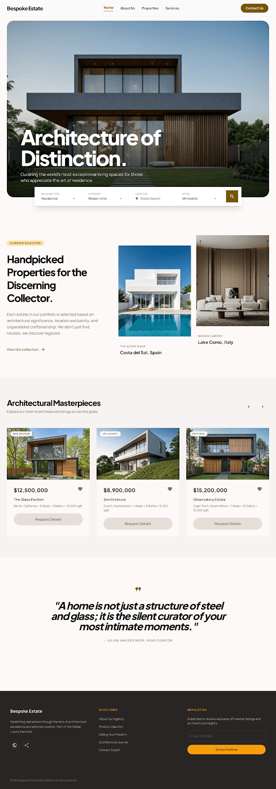 Estate Hub - Real Estate website theme preview showing 5 pages including Home