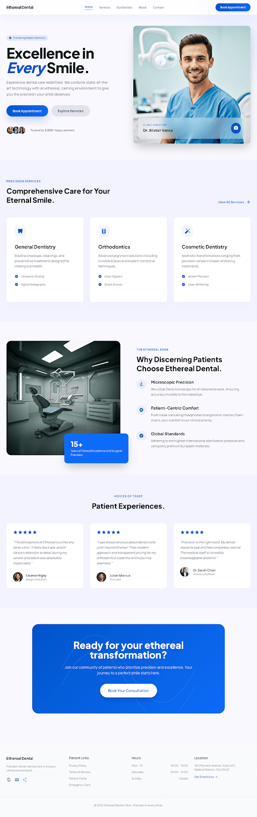 Ethereal Dental - Healthcare website theme preview showing 5 pages including Home