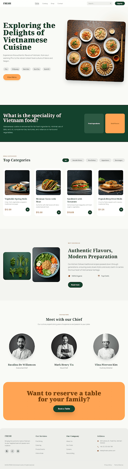 FRESH - Restaurant website theme preview showing 5 pages including Homepage
