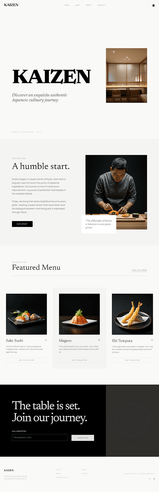 KAIZEN - Restaurant website theme preview showing 5 pages including Homepage