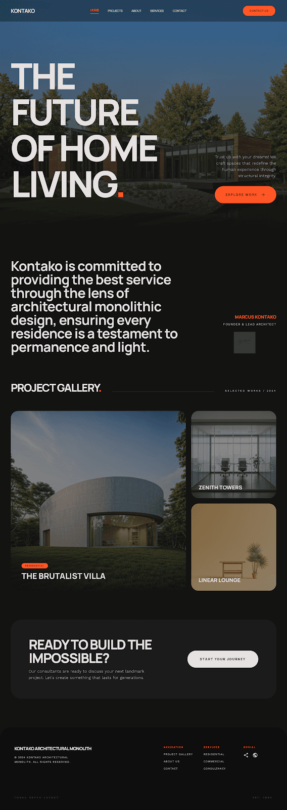 Kontako - Construction website theme preview showing 5 pages including Homepage