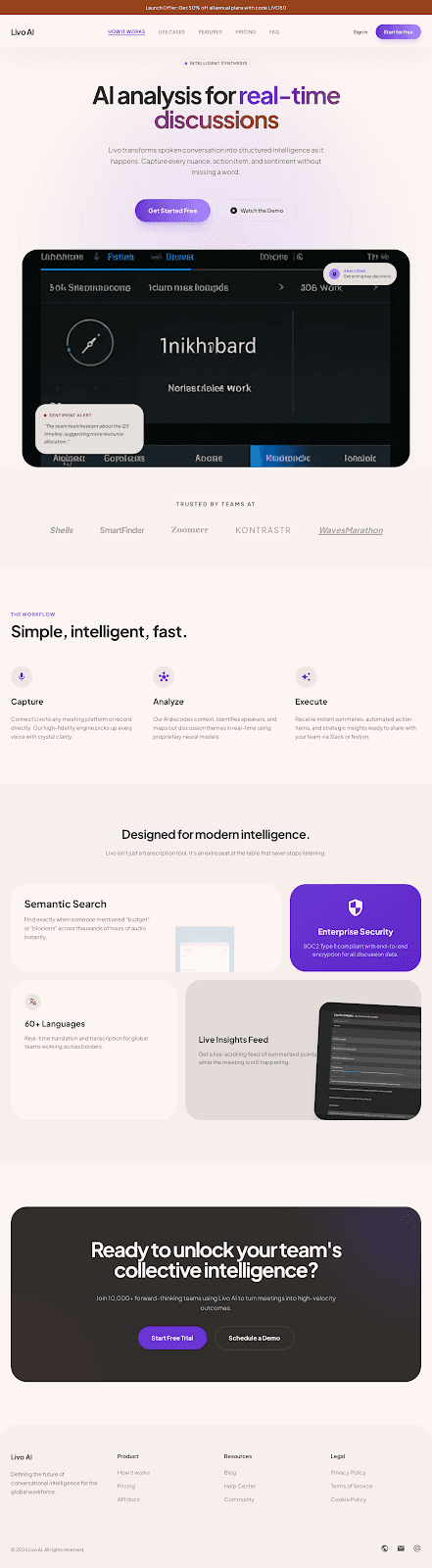 Livo AI - SaaS website theme preview showing 5 pages including Homepage