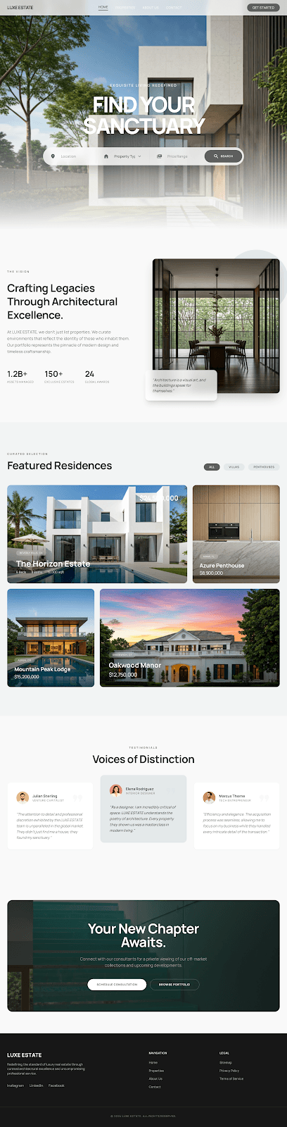 LUXE ESTATE - Real Estate website theme preview showing 5 pages including Homepage