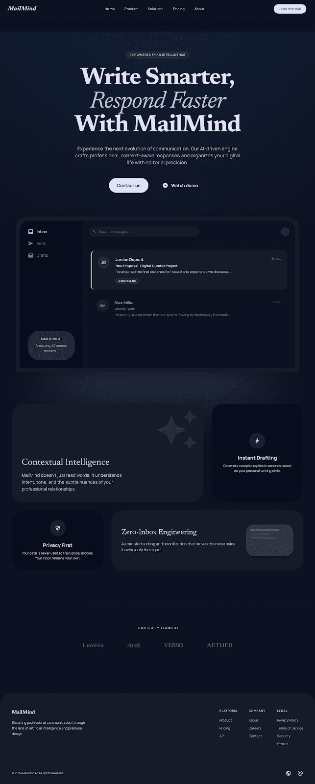 MailMind - SaaS website theme preview showing 5 pages including Homepage