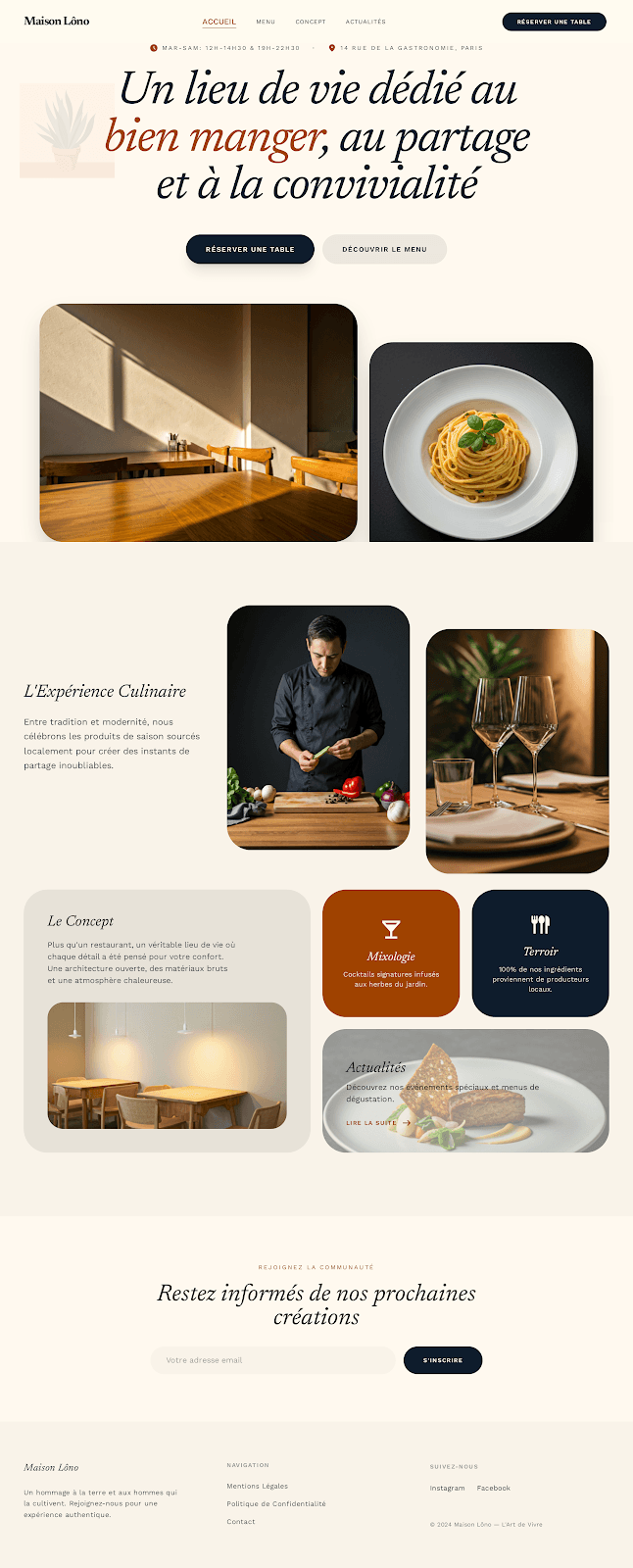 Maison Lôno - Restaurant website theme preview showing 5 pages including Homepage