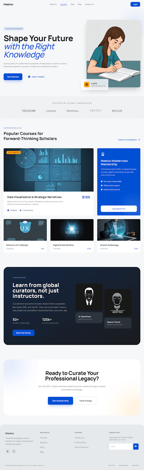Meekoo - Education website theme preview showing 5 pages including Homepage