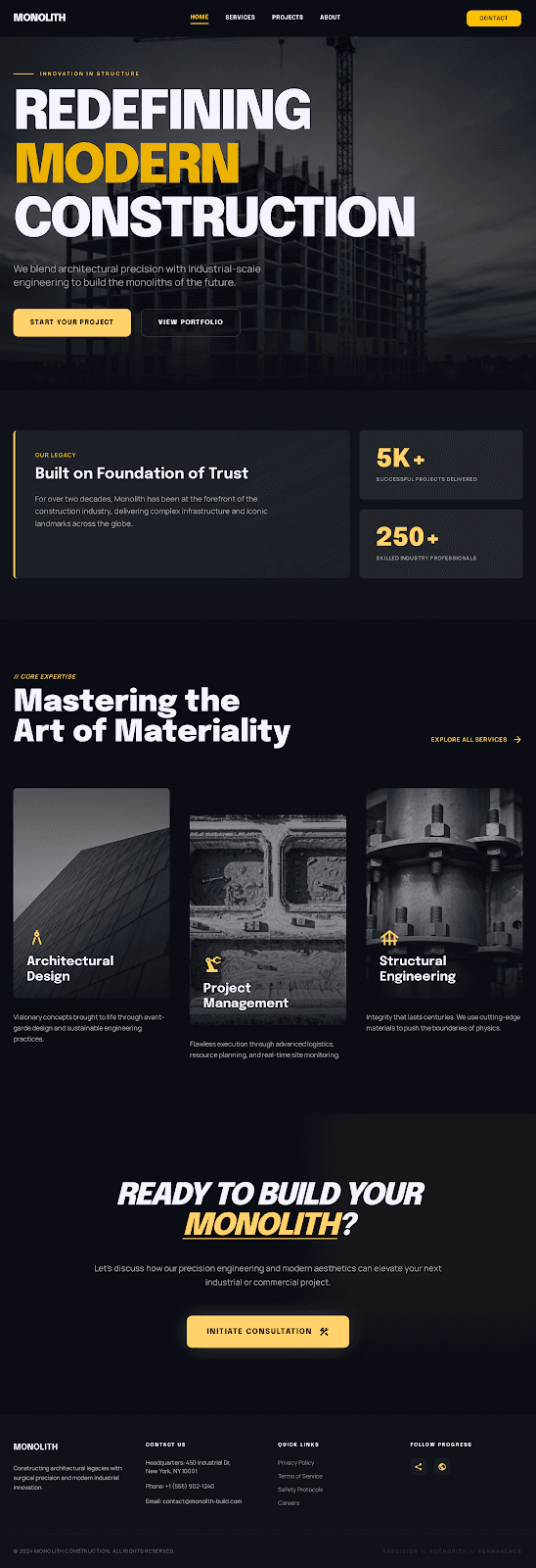 Monolith - Construction website theme preview showing 4 pages including Homepage