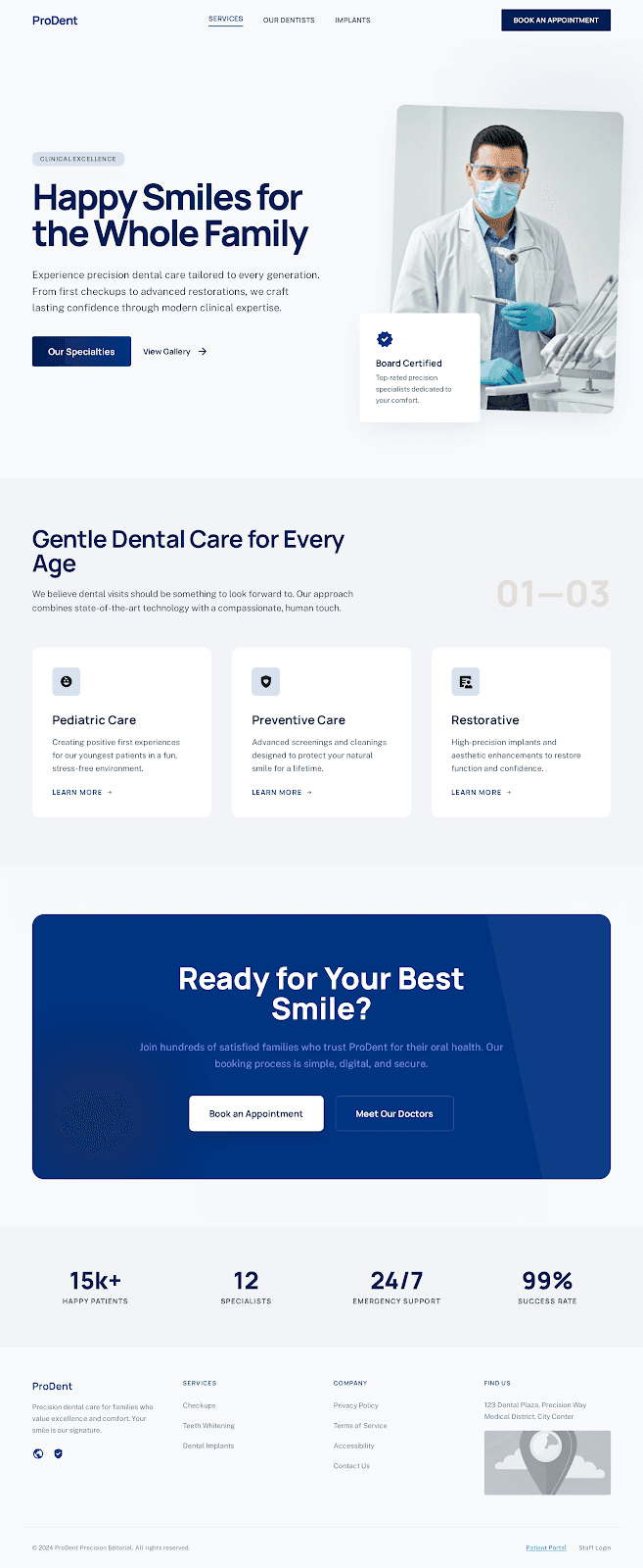 ProDent - Healthcare website theme preview showing 5 pages including Services