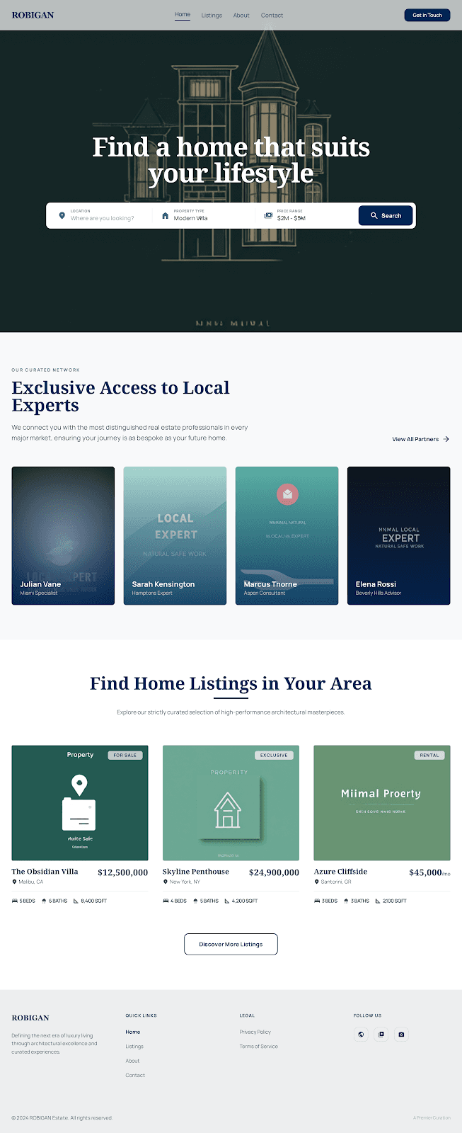 Robigan Estate - Real Estate website theme preview showing 5 pages including Homepage