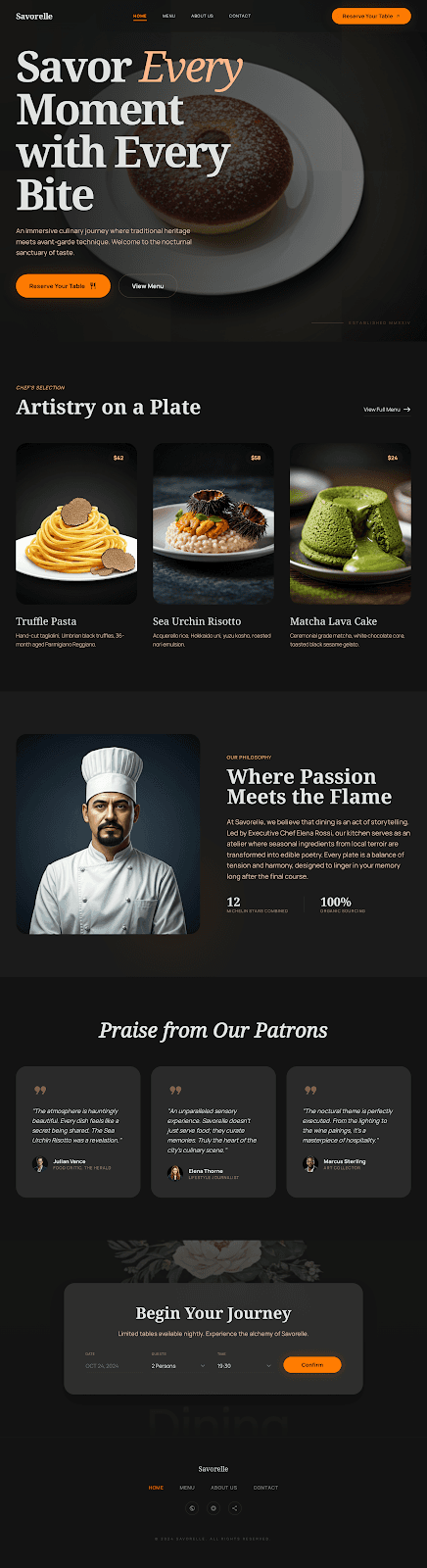 Savorelle - Restaurant website theme preview showing 4 pages including Home