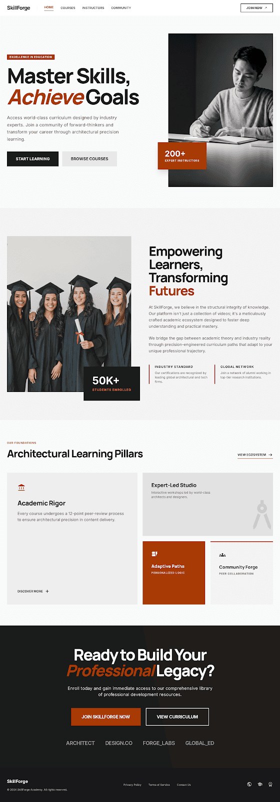 SkillForge - Technology website theme preview showing 5 pages including Homepage