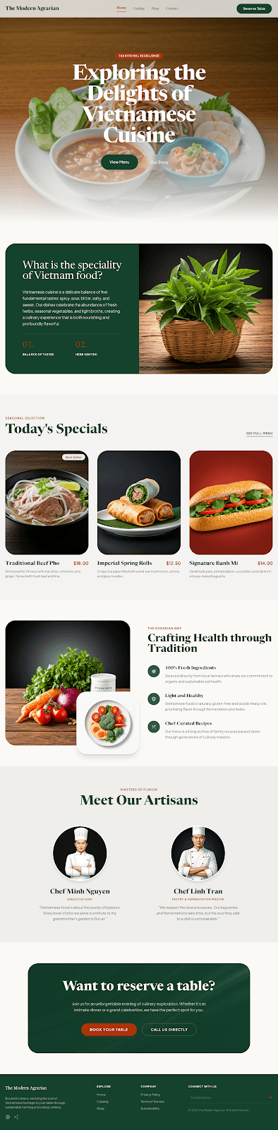 The Modern Agrarian - Restaurant website theme preview showing 4 pages including Home
