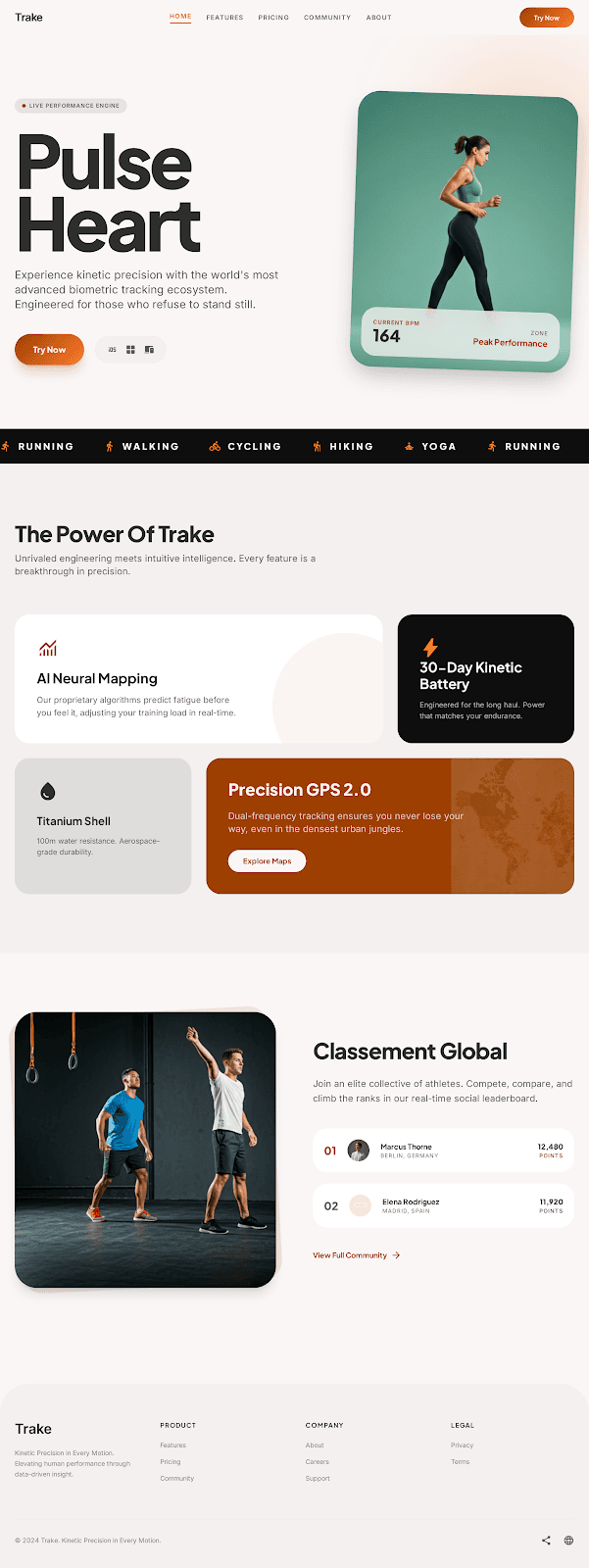 Trake - Fitness website theme preview showing 5 pages including Homepage