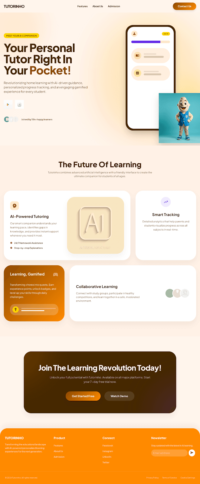 Tutorinho - Education website theme preview showing 5 pages including Homepage
