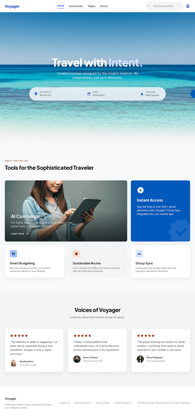 Voyager - Travel website theme preview showing 5 pages including Homepage