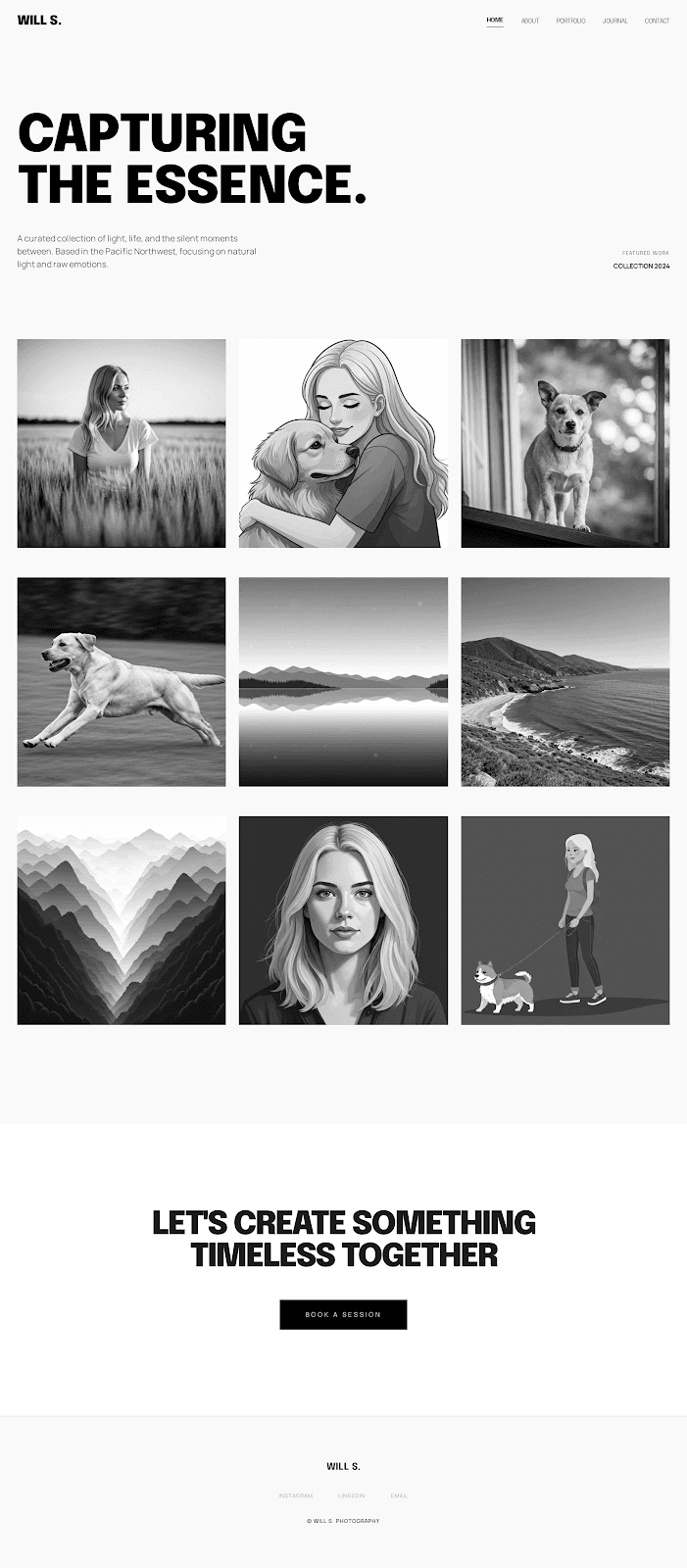 WILL S. - Portfolio website theme preview showing 4 pages including Home