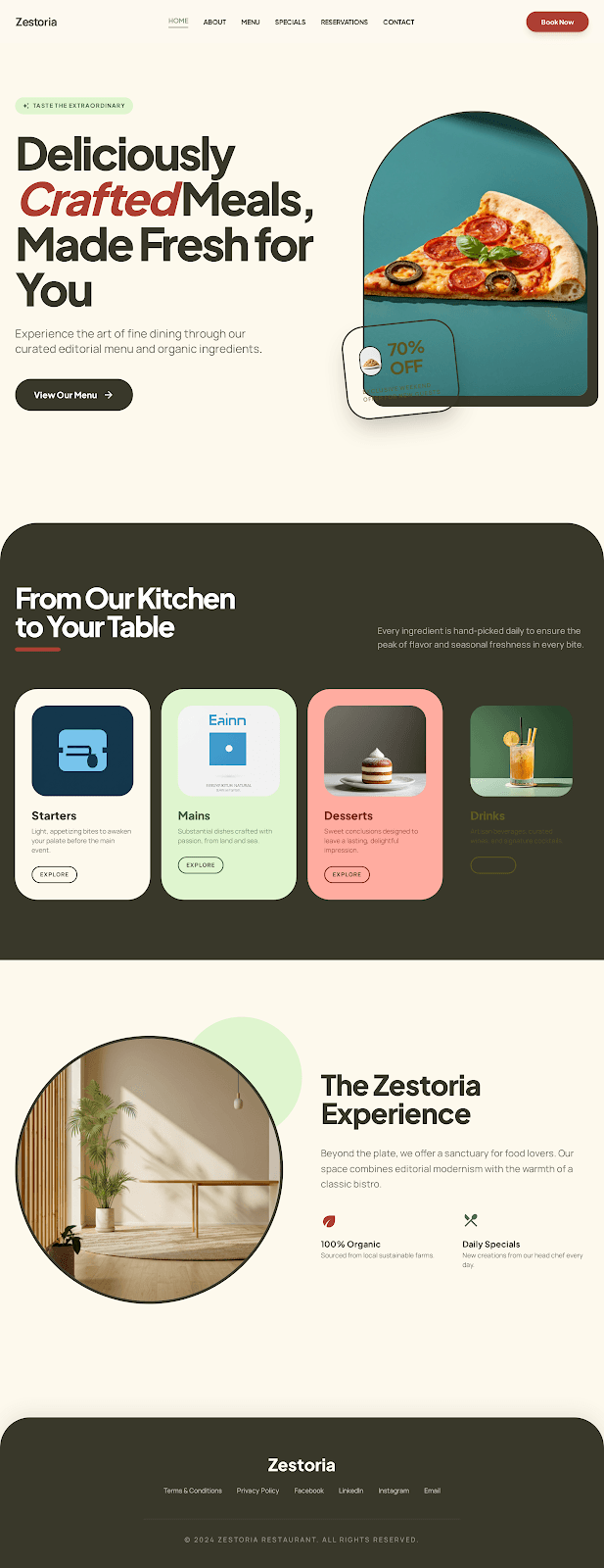 Zestoria - Restaurant website theme preview showing 5 pages including Homepage
